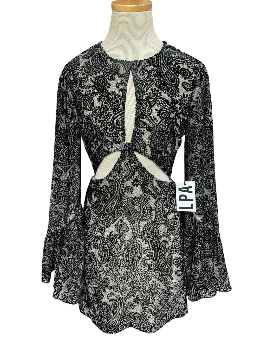 LPA Revolve Dress Cut Outs Bell Sleeves Black Paisley NWT Size XS